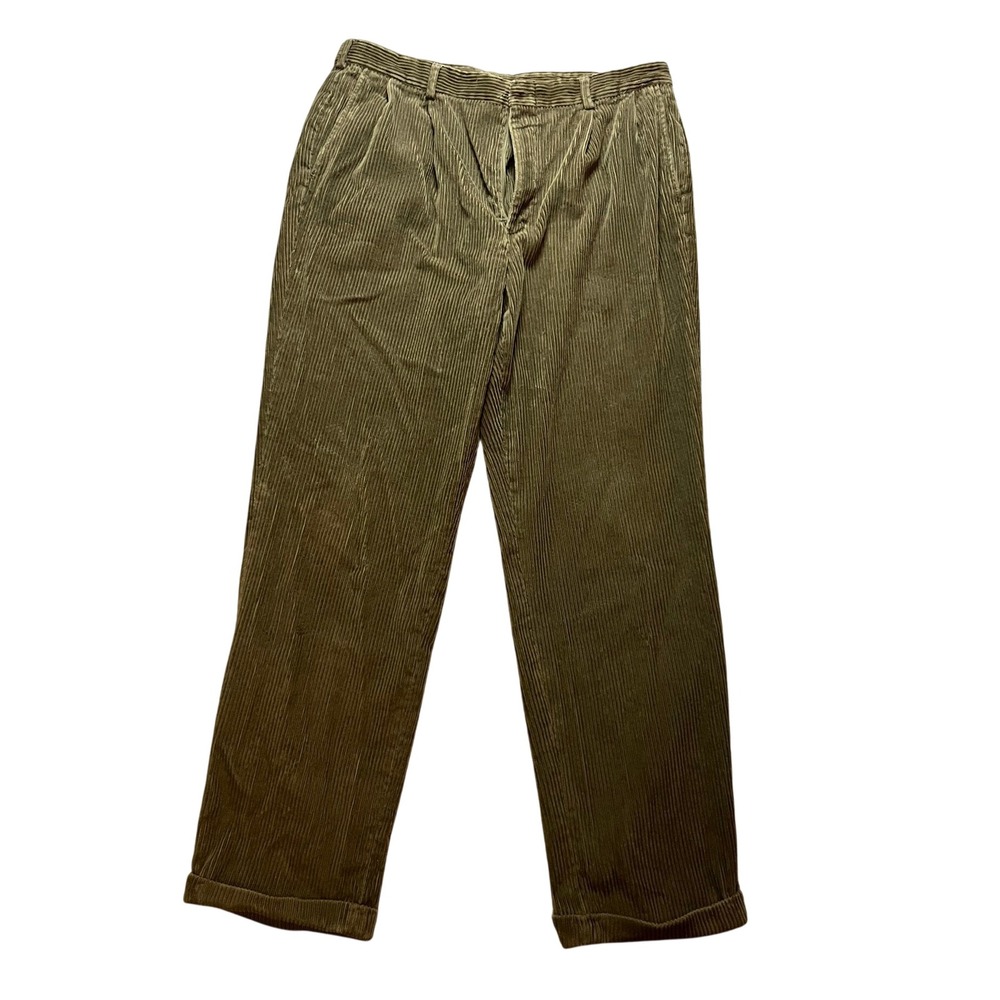 Lands End Mens 38 Olive Green Corduroy Pleated Cuffed Pants Made in USA Preppy